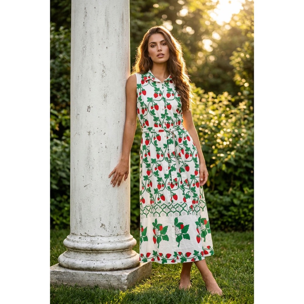 Spighe Di Lino Italy Strawberry Print Linen Blend Shirt Dress XL NWT 25A1030